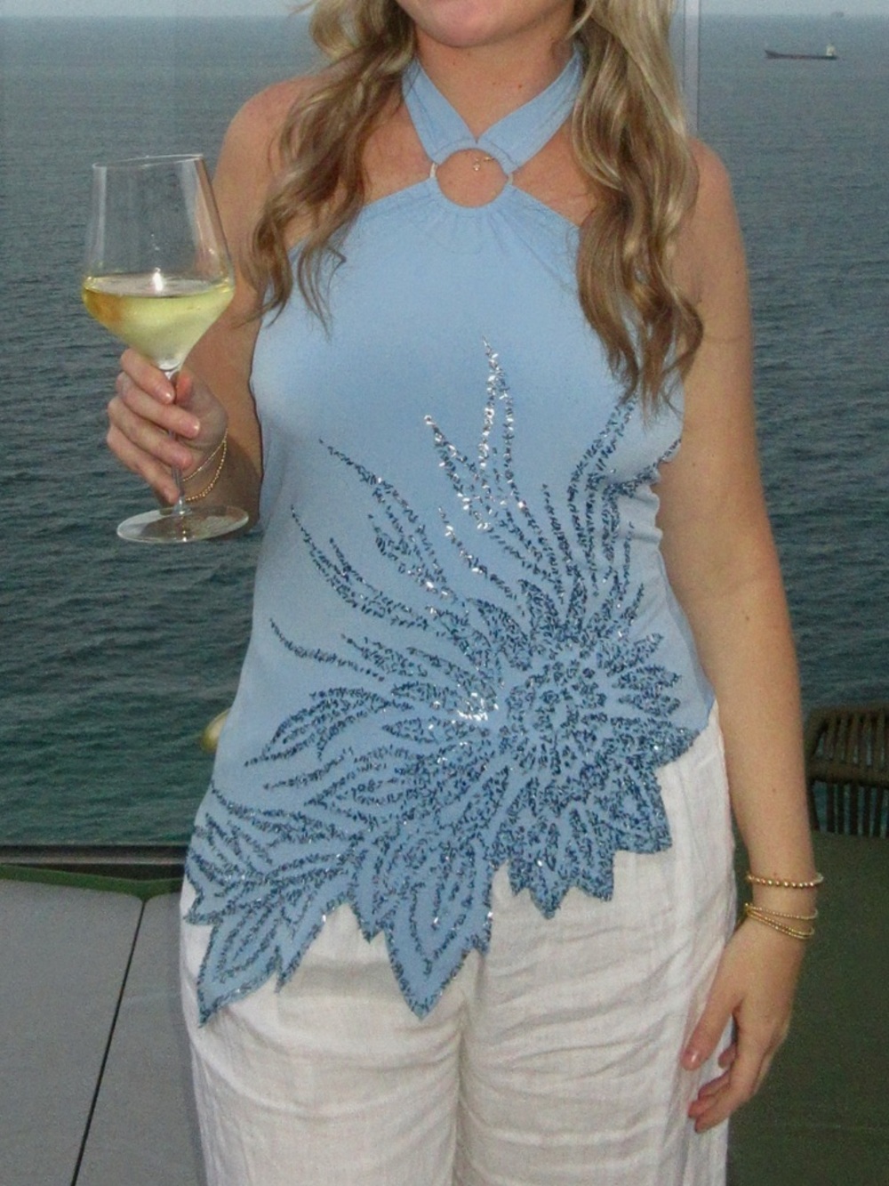 Light Blue Halter Neck Sequin Appliqué Top